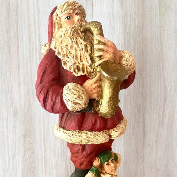 Santa Claus Figurine Wood World Playing Sax Carrying Bag Of Toys 1993 Green Elf - Picture 1 of 8